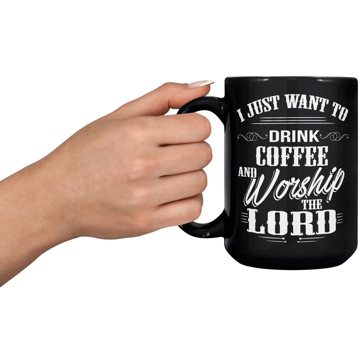 JUST COFFEE AND WORSHIP BLACK 15OZ MUG